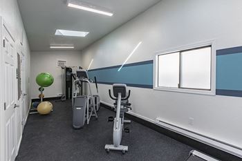 Our gym has a variety of exercise equipment and windows